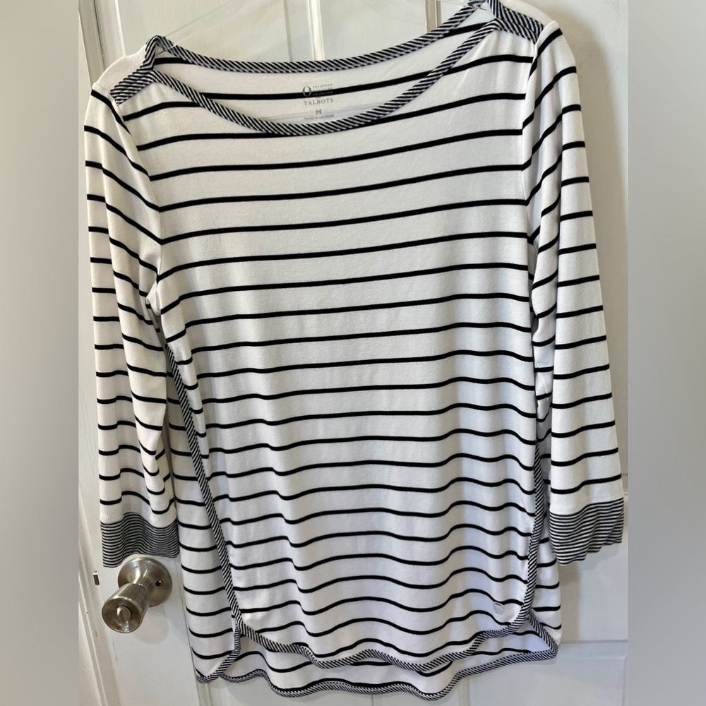Talbots‎ O Oprah Magazine Striped Boat Neck Top White Black Bamboo Blend Medium